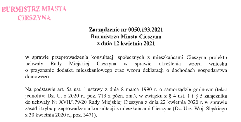 Zarządzenie Burmistrz Cieszyna