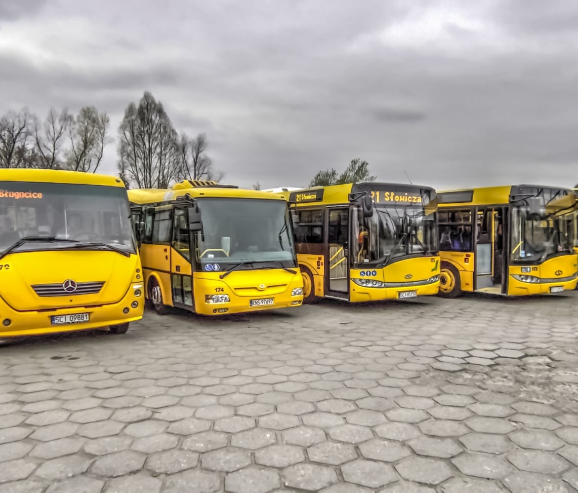 Zdjęcie przedstawia cztery autobusy cieszyńskiej komunikacji miejskiej w kolorze żółtym. Pojazdy stoją na parkingu wyłożonym szarą kostką brukową.