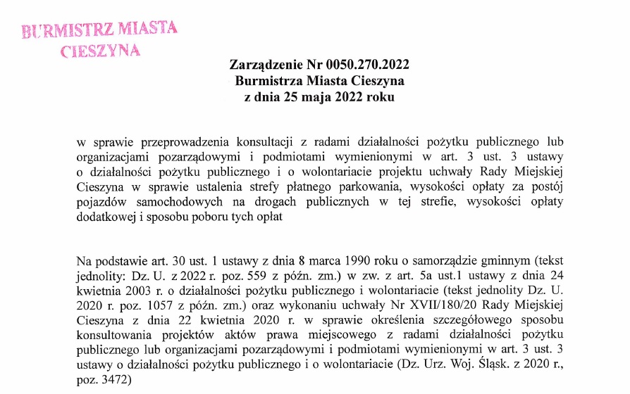 Pismo - Zarządzenie Nr 0050.270.2022 Burmistrza Miasta Cieszyna z dnia 25 maja 2022 roku