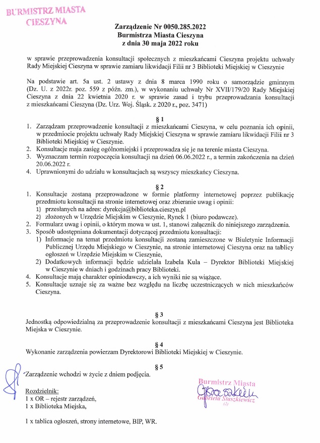 Dokument - Zarządzenie Nr 0050.285.2022 Burmistrza Miasta Cieszyna z dnia 30 maja 2022 roku