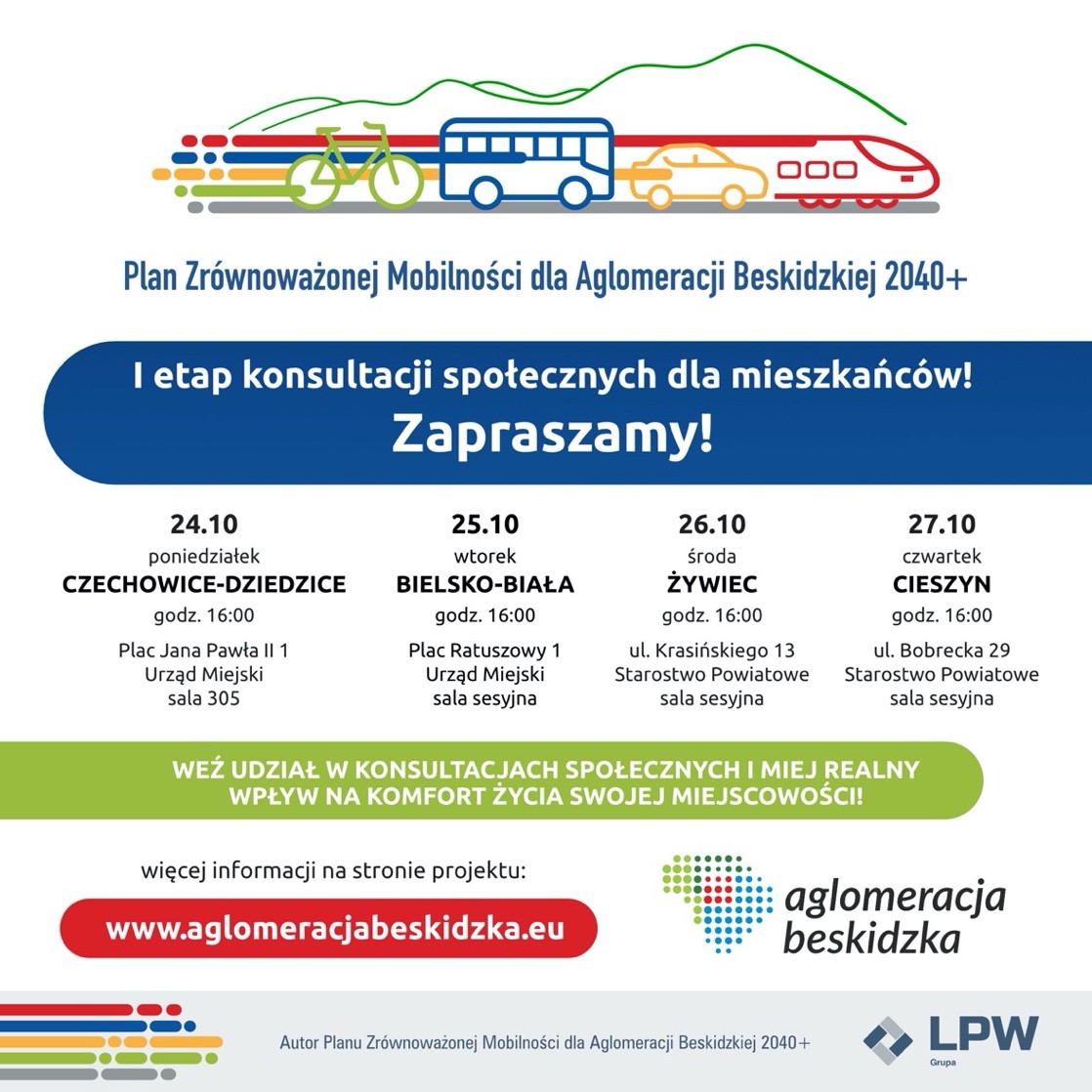 Infografika prezentująca problematykę i miejsca konsultacji społecznych, autorstwo: Stowarzyszenie Aglomeracja Beskidzka