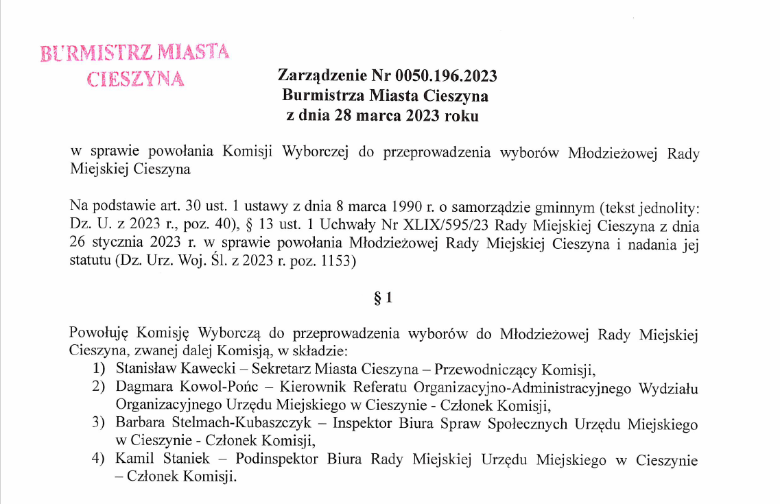 Fragment Zarządzenia Nr 0050.196.2023 Burmistrza Miasta Cieszyna z dnia 28 marca 2023 roku