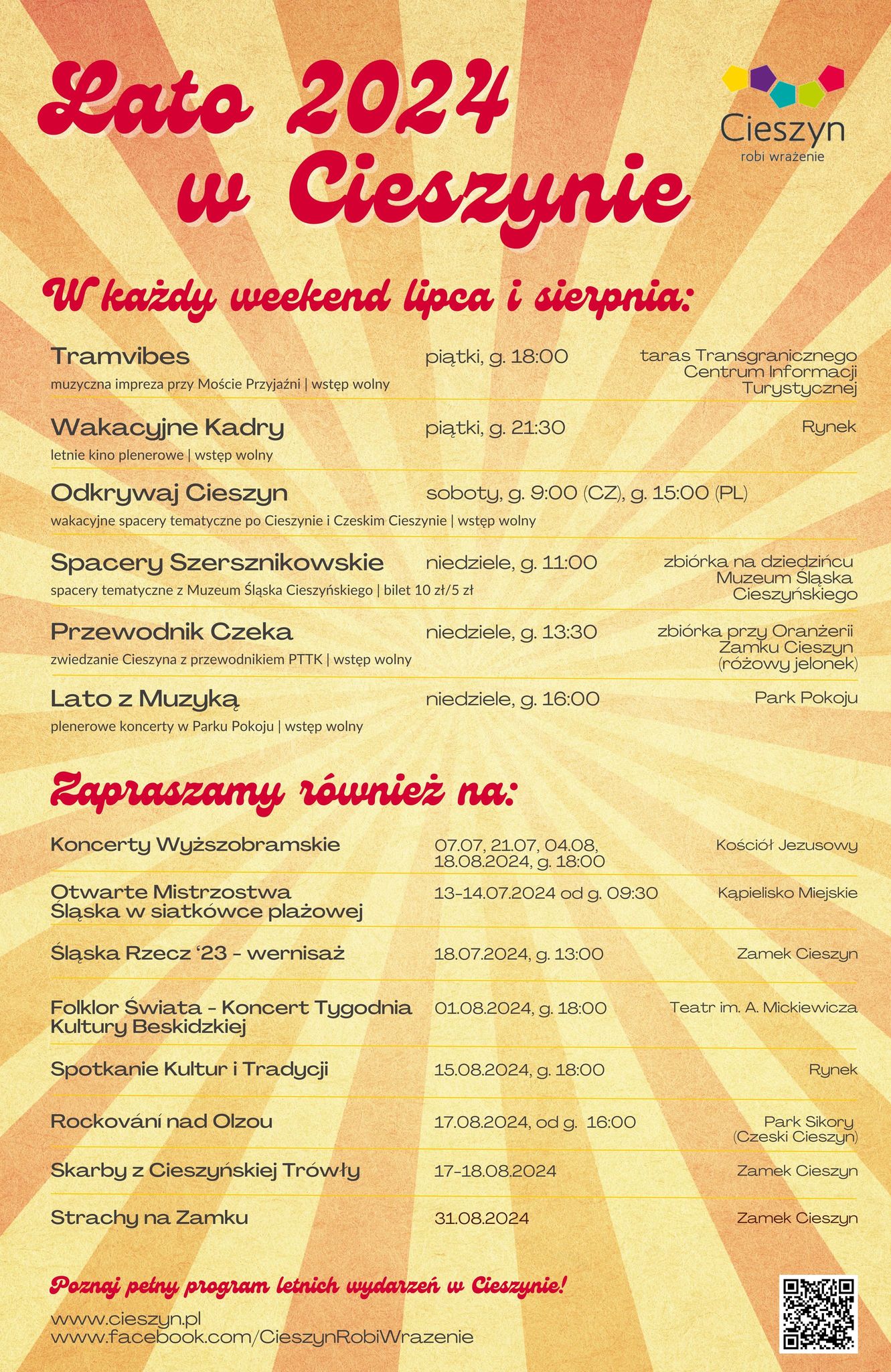 Plakat prezentujący wydarzenia w Cieszynie - Lato 2024