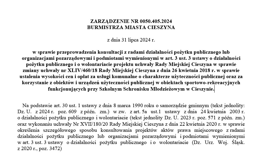 ZARZĄDZENIE NR 0050.405.2024 BURMISTRZA MIASTA CIESZYNA Z DNIA 31 LIPCA