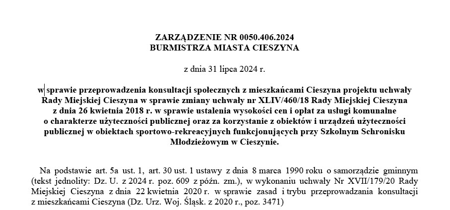 ZARZĄDZENIE NR 0050.406.2024 BURMISTRZA MIASTA CIESZYNA Z DNIA 31 LIPCA