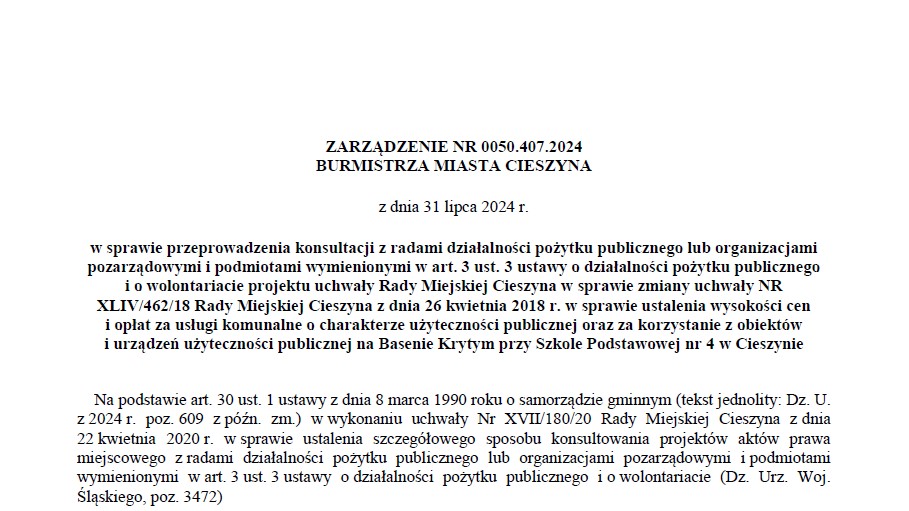 ZARZĄDZENIE NR 0050.407.2024 BURMISTRZA MIASTA CIESZYNA z dnia 31 lipca 2024 r.