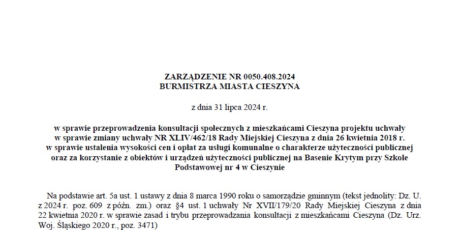ZARZĄDZENIE NR 0050.408.2024 BURMISTRZA MIASTA CIESZYNA z dnia 31 lipca 2024 r.