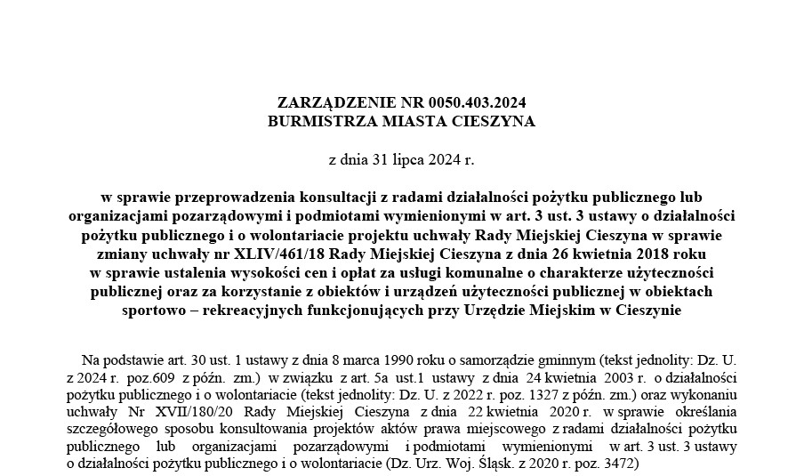 ZARZĄDZENIE NR 0050.403.2024 BURMISTRZA MIASTA CIESZYNA z dnia 31 lipca 2024 r.