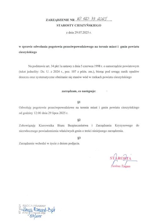 Zarządzenie w sprawie odwołania pogotowia przeciwpowodziowego na terenie miast i gmin powiatu cieszyńskiego