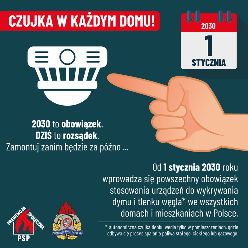 Grafika informacyjna o obowiązku montażu czujek dymu i tlenku węgla od 1 stycznia 2030 roku. Widoczna ikona czujki, dłoń wskazująca oraz kalendarz z datą 2030. fot. mat.pras