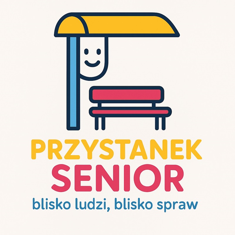 Ilustracja w jasnym stylu graficznym przedstawiająca przystanek autobusowy. Po lewej stronie jest niebieski słupek z daszkiem w kolorze żółtym; na słupku widoczna jest uśmiechnięta twarz. Obok znajduje się czerwona ławka. Pod ilustracją umieszczony jest n