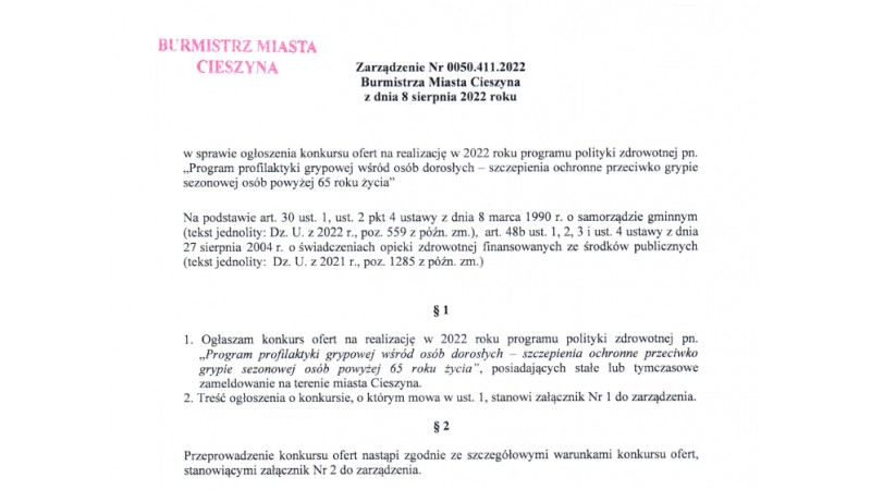 Fragment Zarządzenia Nr 0050.411.2022 Burmistrza Miasta Cieszyna z dnia 10 sierpnia 2022 -ilustracja