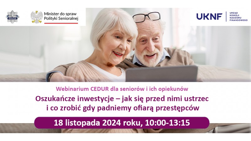 Grafika spotkania online „Oszukańcze inwestycje – jak się przed nimi ustrzec i co zrobić gdy padniemy ofiarą przestępców”, mat.pras