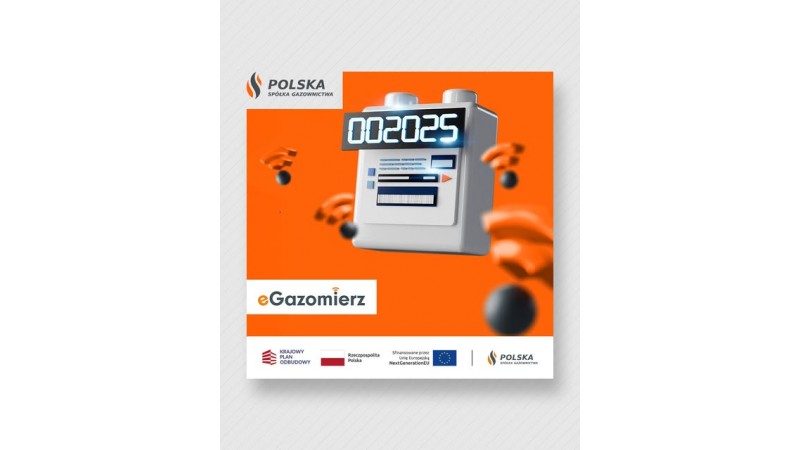 Grafika przedstawiająca gazomierz wraz z symbolami łączności bezprzewodowej na pomarańczowym tle