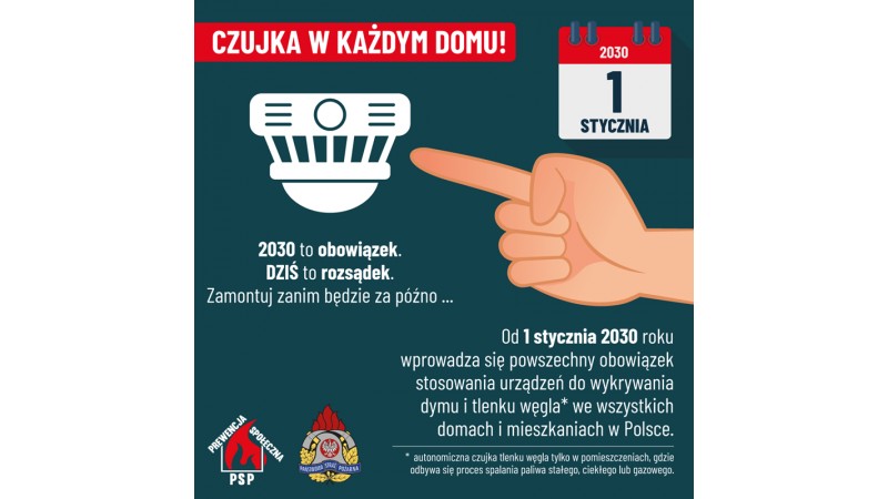 Grafika informacyjna o obowiązku montażu czujek dymu i tlenku węgla od 1 stycznia 2030 roku. Widoczna ikona czujki, dłoń wskazująca oraz kalendarz z datą 2030. fot. mat.pras