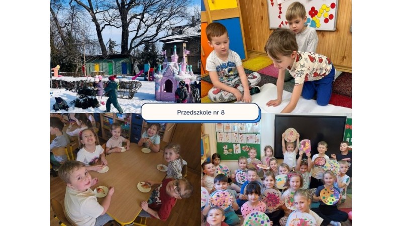 Kolaż zdjęć z przedszkola: dzieci bawią się na śniegu, rysują, jedzą wspólnie i się wspólnie  na środku napis „Przedszkole nr 8”. Fot. FB Przedszkole nr 8
