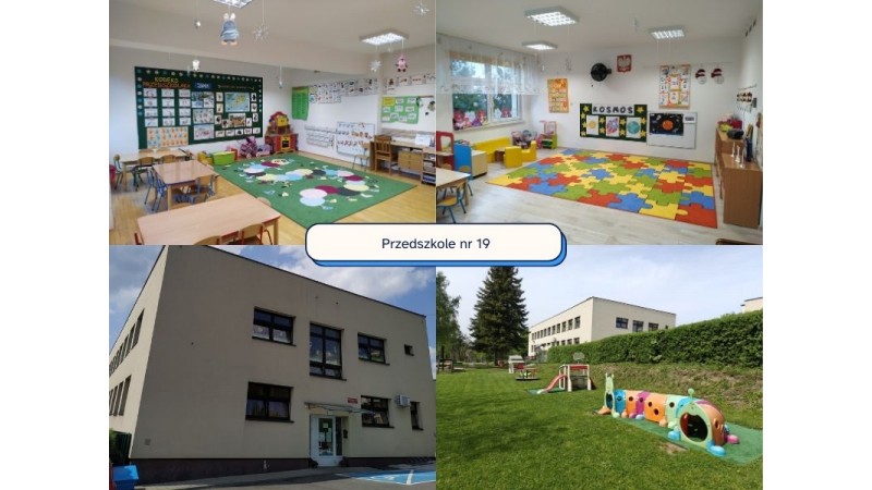 Na zdjęciu widać kolaż czterech fotografii przedstawiających życie w przedszkolu. Na środku znajduje się napis „Przedszkole nr 19”