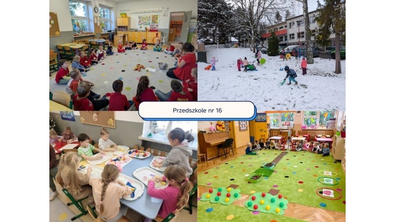Na zdjęciu widać kolaż czterech fotografii przedstawiających życie w przedszkolu. Na środku znajduje się napis „Przedszkole nr 16”