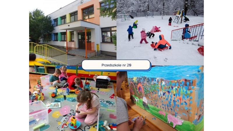 Na zdjęciu widać kolaż czterech fotografii przedstawiających życie w przedszkolu. Na środku znajduje się napis „Przedszkole nr 20”