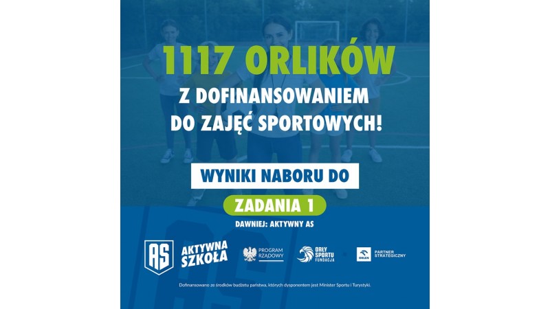 Plakat w niebiesko-zielonej kolorystyce z tłem boiska i dziećmi z piłkami. Na dole logotypy organizatorów i partnerów programu.