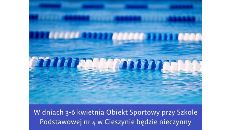 Kryty basen z wydzielonym torem pływackim. Na granatowym tle informacja pisemna o przerwie w funkcjonowaniu basenu, fot. canva