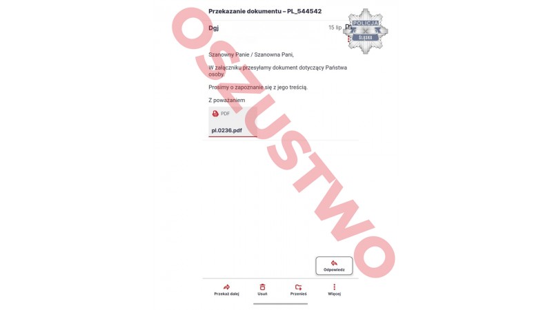 Na zdjęciu widać fałszywy e-mail z załącznikiem oznaczony jako oszustwo, fot. KPP Cieszyn